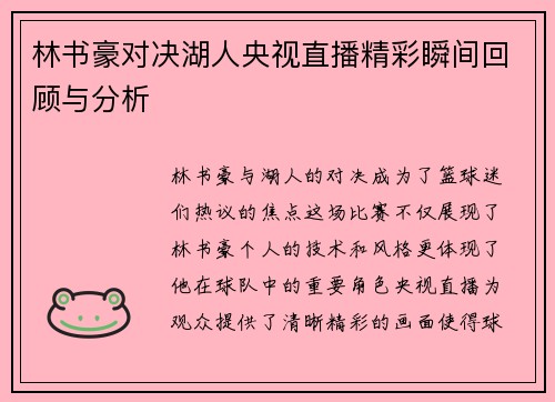 林书豪对决湖人央视直播精彩瞬间回顾与分析